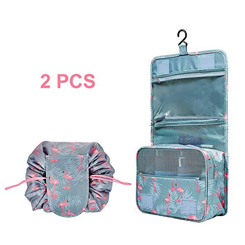 Bolsa de Cosméticos Flamenco Neceser de Maquillaje Impermeable Bolsa de Maquillaje Almacenamiento Bolsa Portátil de Lavado de Viaje, Bolsa Perezosa Bolsa Aseo con Gancho para Mujer, 2Pcs