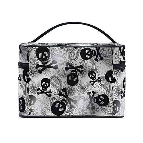 Bolsa de maquillaje Ahomy, diseño de calaveras y flores de cachemira, bolsa de aseo portátil para mujeres y niñas