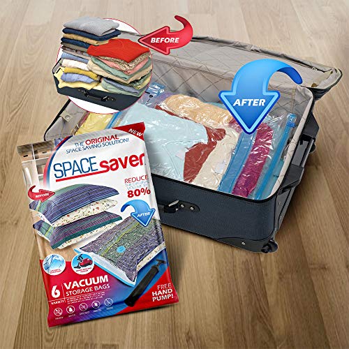 Bolsas de almacenamiento al vacío SpaceSaver Premium (2 pequeñas, 2 medianas, 2 grandes) (80% más de almacenamiento que las marcas líderes) Bomba de mano gratis para viajes