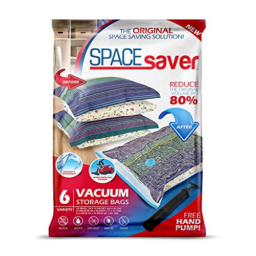 Bolsas de almacenamiento al vacío SpaceSaver Premium (2 pequeñas, 2 medianas, 2 grandes) (80% más de almacenamiento que las marcas líderes) Bomba de mano gratis para viajes