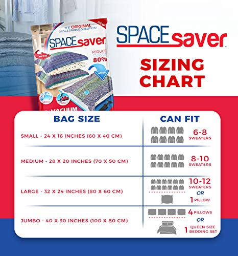 Bolsas de almacenamiento de vacío Spacesaver Premium. ¡80% más de almacenamiento! ¡Bomba manual para viajar! Doble-Zip Seal y Triple Seal Turbo-Valve para un máximo ahorro de espacio.