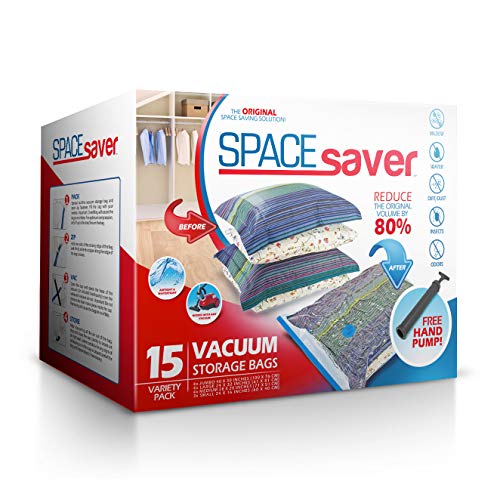 Bolsas de almacenamiento de vacío Spacesaver Premium. ¡80% más de almacenamiento! ¡Bomba manual para viajar! Doble-Zip Seal y Triple Seal Turbo-Valve para un máximo ahorro de espacio.