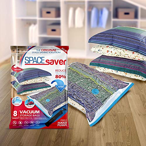 Bolsas de almacenamiento de vacío Spacesaver Premium. ¡80% más de almacenamiento! ¡Bomba manual para viajar! Doble-Zip Seal y Triple Seal Turbo-Valve para un ahorro máximo de espacio. (Variety 8 pack)