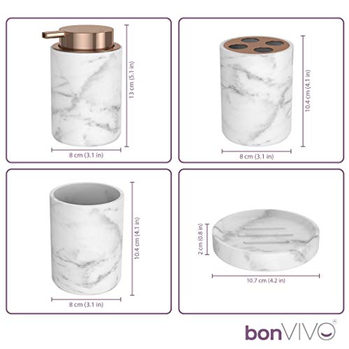 bonVIVO Marmora Juego de Accesorios de Baño,  Juego de Baño Marmol/Oro Rosado, Organizador de Baño, Incluye Jabonera, Dispensadora, Tumbillo, Porta Cepillo de Dientes