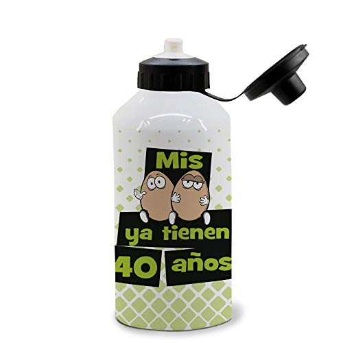 Botella de Aluminio 500 ml. con Dos Tapones. Mis Huevos ya Tienen 40 años. Regalo 40 cumpleaños