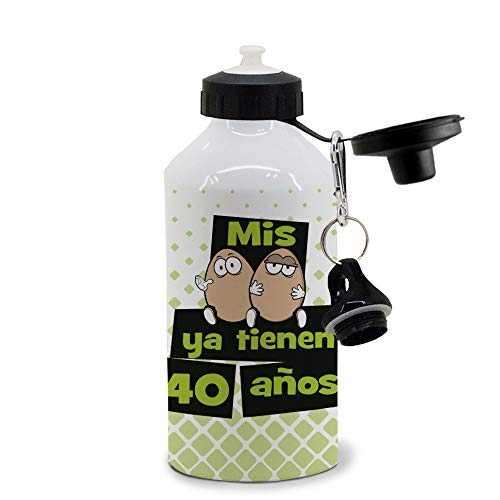 Botella de Aluminio 500 ml. con Dos Tapones. Mis Huevos ya Tienen 40 años. Regalo 40 cumpleaños