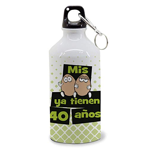 Botella de Aluminio 500 ml. con Dos Tapones. Mis Huevos ya Tienen 40 años. Regalo 40 cumpleaños