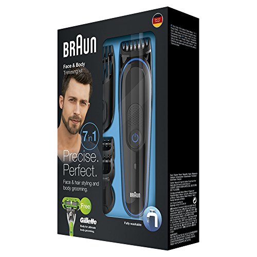 Braun MGK3042 7 en 1 Recortadora todo en uno, Máquina recortadora barba y cortapelos, recortadora para pequeños detalles, color negro/azul