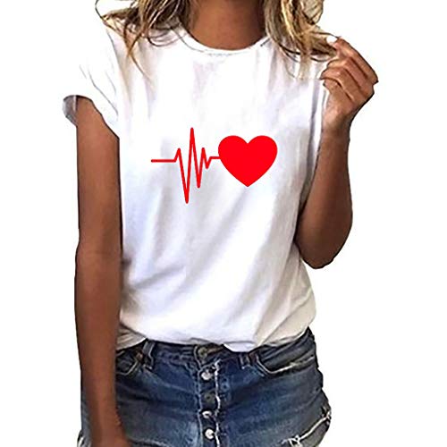 Camiseta de Mujer Manga Corta Corazón Impresión Blusa Camisa Cuello Redondo Basica Camiseta Suelto Verano Tops Casual Fiesta T-Shirt Original tee vpass