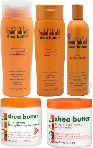 Cantu - Shea Butter - Juego de 5 unidades: champú, acondicionador, tratamiento fortalecedor Grow Strong, aceite hidratante y acondicionador sin enjuague