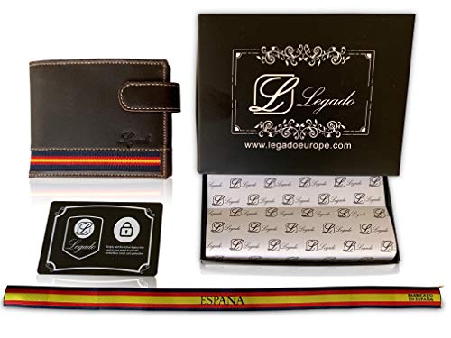 Cartera Hombre Marrón LEGADO Piel tratada con Bandera España Cartera Ubrique con Regalo Pulsera Bandera de España (Horizontal Marrón con Broche)