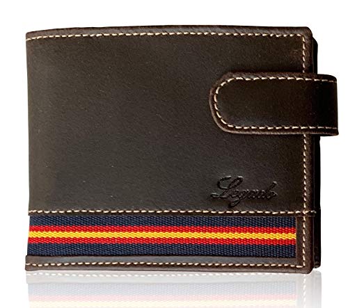 Cartera Hombre Marrón LEGADO Piel tratada con Bandera España Cartera Ubrique con Regalo Pulsera Bandera de España (Horizontal Marrón con Broche)