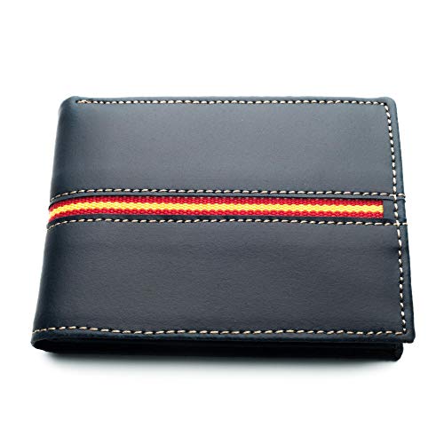 Cartera Hombre Piel Bandera Legado Vox II Azul con Monedero para Monedas, Billetera Capacidad Varios Billetes Fabricado en España, de Cuero. (Horizontal)