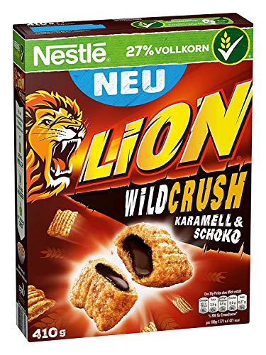 Cereales Nestlé Lion Wild - Cereales de trigo, arroz y maíz tostados rellenos de crema de chocolate y caramelo - 8 paquetes de 410 g