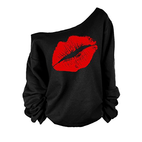 Cerui Mujeres Camisetas Sweatshirt Fuera del Hombro Manga Larga Sudaderas Tamaño S Rojo Negro