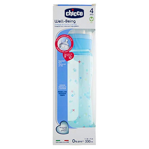 Chicco Wellbeing - Biberón con tetina de silicona y flujo rápido para bebé de 4 meses en adelante, 330 ml, color azul, 1 unidad, modelo surtido