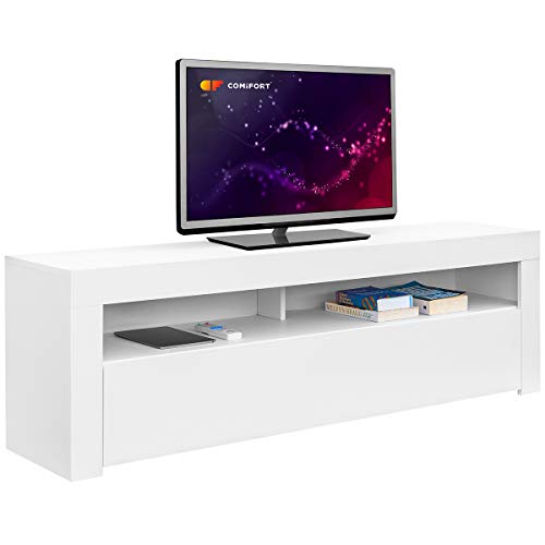 COMIFORT Mueble de TV - Mesa de Salón de Estilo Moderno con Puerta Abatible con Estantes de Gran Almacenaje, Muy Resistente, Fabricada en Europa, Color Blanco