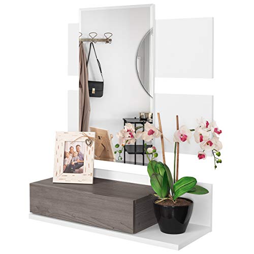 COMIFORT Recibidor Colgante - Mueble de Entrada con Cajón, Espejo y Estante de Estilo Nórdico y Moderno, Muy Resistente y Estable, de Color Blanco y Trufa