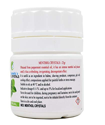 Cristales de mentol - 25/50 gr - efecto refrescante y refrescante, uso como ingrediente en formulaciones cosméticas (25 Gr)