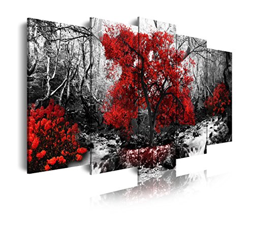 DekoArte 267 - Cuadros Modernos Impresión de Imagen Artística Digitalizada | Lienzo Decorativo para Tu Salón o Dormitorio | Estilo Naturalez Blanco y Negro con Árboles Rojos | 5 Piezas 200x100cm XXL