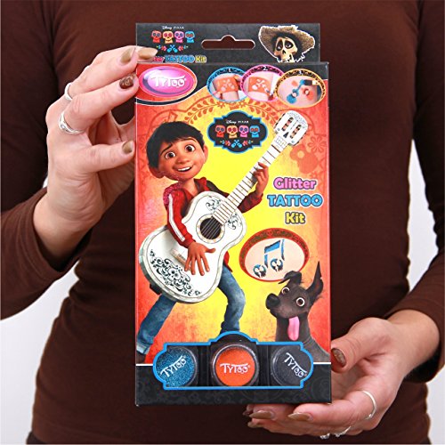 Disney Coco Glitter Tattoo Kit with 12 amazing stencils - Hypoallergenic, cruelty free - Lasting for 8-18 days, temporary tattoos