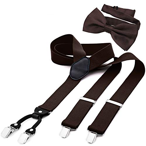 DonDon Tirantes para hombres ancho 3,5 cm en forma de Y, elásticos y ajustables en paquete de 2 con pajaritas adecuada 12 x 6 cm - Marron