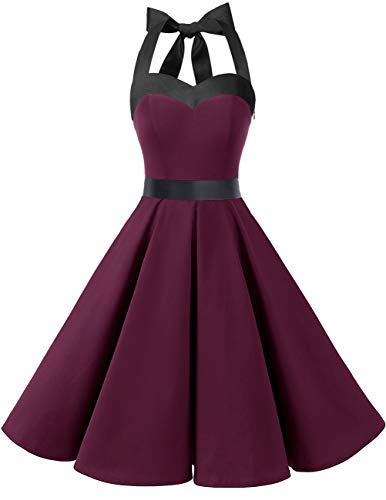 Dresstells® Halter 50s Rockabilly Polka Dots Audrey Dress Retro Cocktail Dress Burgundy Black XS