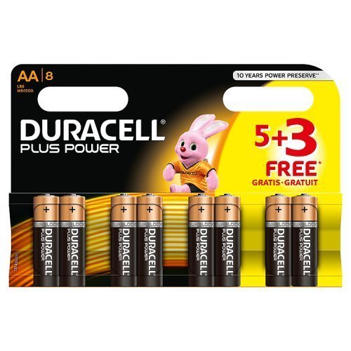 Duracell Plus Power - Pila alcalina AA ( 5 + 3 unidades gratis), 8 unidades