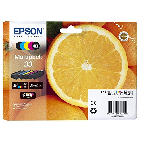 Epson c13t33374011 Cartuchos de Tinta original Pack of 5 válido para los modelos XP-530, XP-540, XP-630, XP-635, XP-640, XP-645, XP-830, XP-900 y otros, Ya disponible en Amazon Dash Replenishment