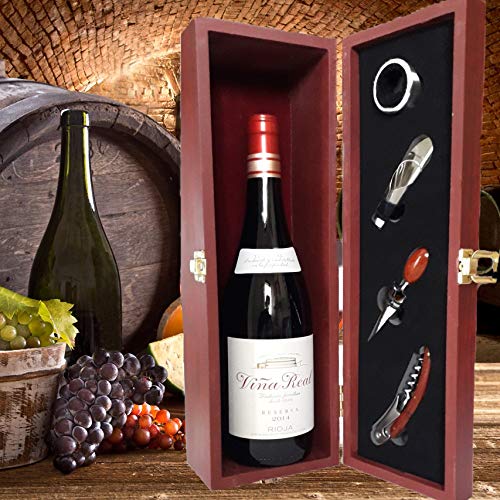 Estuche Regalo Vino + Botella Reserva Viña Real D.Origen Rioja añada del 2014 + Set Caja de Madera Incluye Recoge Gotas Dosificador Tapón Sacacorcho y Enfriador -Pack Ideal para regalar.