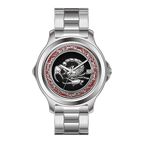 FDC – Relojes Fashion Fecha Acero Inoxidable Reloj de Pulsera de Cuarzo japonés de la Mujer Sagrado Plata escorpión en Color Negro Reloj de Pulsera