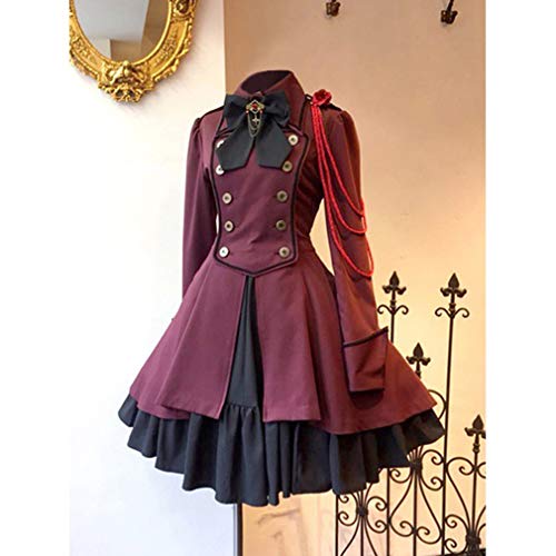 fengduo Mujer Medieval Lolita Vestido Gótico Steampunk Vestido de Uniforme Arco Solapa Dobladillo Irregular Vestido de Noche Ruffle Lace-up Plisado Vestido S-5XL