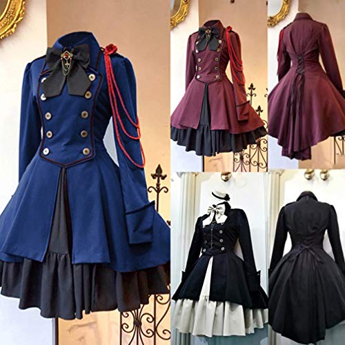 fengduo Mujer Medieval Lolita Vestido Gótico Steampunk Vestido de Uniforme Arco Solapa Dobladillo Irregular Vestido de Noche Ruffle Lace-up Plisado Vestido S-5XL