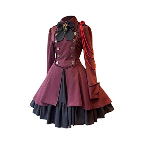 fengduo Mujer Medieval Lolita Vestido Gótico Steampunk Vestido de Uniforme Arco Solapa Dobladillo Irregular Vestido de Noche Ruffle Lace-up Plisado Vestido S-5XL