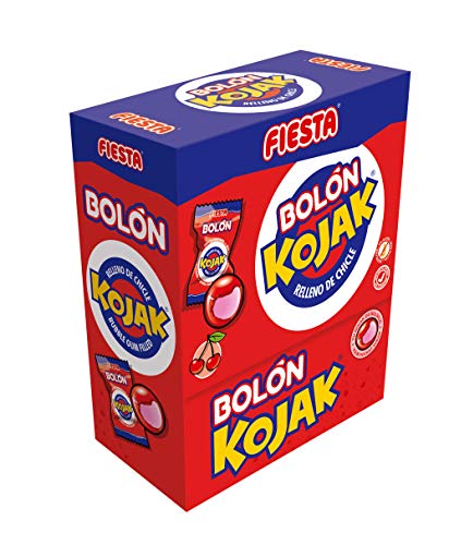 FIESTA Bolón Kojak Caramelo Duro Sabor Cereza Relleno de Chicle - Caja de 150 unidades