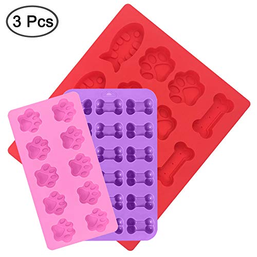 FineGood Moldes de silicona para caramelo de silicona de 3 piezas, Pez & Cachorro de pata & forma de hueso, Bandejas de cubitos de hielo galletas Moldes para hornear - Rojo, Púrpura, Rosa