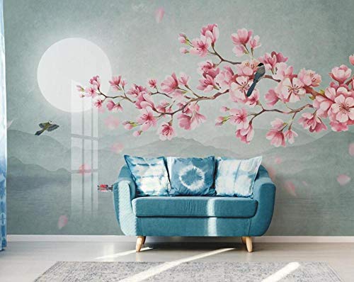 Fotomurales 3D Magnolia Rosa Flor Luna Montañas Paisaje Papel pintado no tejido Decoración de Pared decorativos Murales 250x175 cm