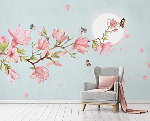 Fotomurales 3D Magnolia Rosa Flor Pájaro Mariposa Luna Papel pintado no tejido Decoración de Pared decorativos Murales 250x175 cm