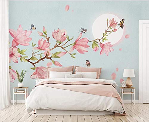 Fotomurales 3D Magnolia Rosa Flor Pájaro Mariposa Luna Papel pintado no tejido Decoración de Pared decorativos Murales 250x175 cm