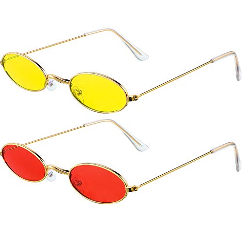 Frienda 2 Pares Gafas de Sol Ovalada Vintage Pequeño Mini Gafas Redondos con Estilo Vintage para Mujer Niña Hombre (Lente Rojo/Amarillo y Marco Dorado)