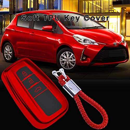 Funda de Silicona para Llave Toyota – Cover Mando Distancia Carcasa de TPU Cromo Suave para 3 Botones Toyota Keyless Corolla RAV4 CH-R Prius Yaris Protección con Llaveros (Rojo)