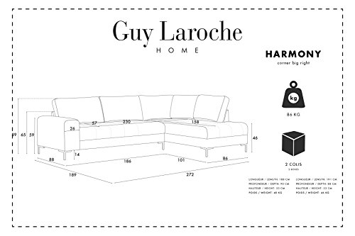 Guy Laroche Home - Sofá esquinero recto fijo Harmony Big, gris claro, tacto aterciopelado