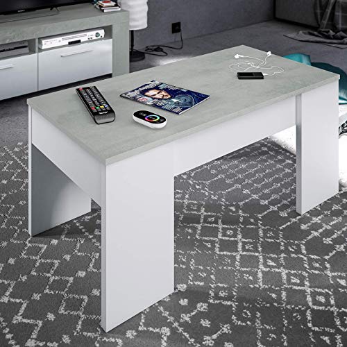 Habitdesign 0L1640A- Mesa de Centro elevable, mesita de Comedor, Medidas: 100 cm (Largo) x 50 cm (Ancho) x 45-56 cm (Alto) (Blanco Artik y Gris Cemento)