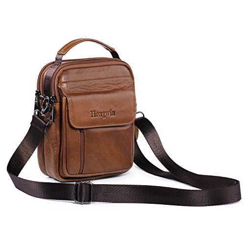 Hengying Bolso Para Hombre Piel Bolso Mensajero Pequeño Bolsa de Cuero Hombre Riñonera Bolso bandolera Bolsa de Hombro Estilo Vintage bolsa Cruzada Cuerpo Bolsa de Cinturón + Llavero de Piel