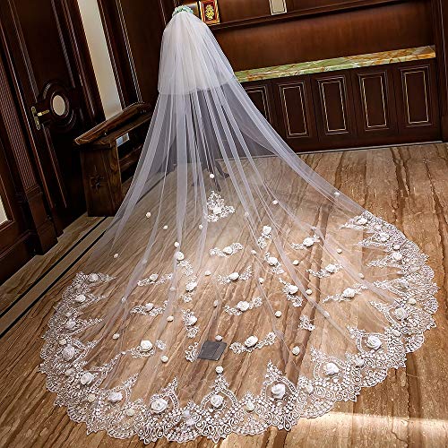 heqianqian Velo de Novia de Boda Velo de Novia de Encaje for Mujer 3,5 m de Cola del Hilado con el Pelo Largo Velo cardado de Encaje para Mujer Dama (Color : Ivory, Size : 400cm)