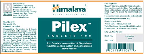 Himalaya Herbals Pilex - Tratamiento Natural para Hemorroides y Almorranas, Tratamiento de Fisura, Alivio del Dolor, Tabletas sin Gluten, 100 Cápsulas