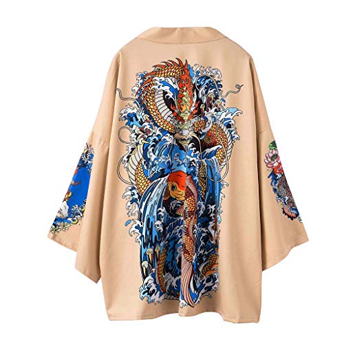 Hombre Camisa Kimono Hippie Cloak Estilo Japonés Estampado Holgado Manga 3/4 Cardigan Chaqueta Capa Ropa Casual Abrigo Básico Camisetas Cuello Mao Vintage Blusa T-Shirt Top Gusspower