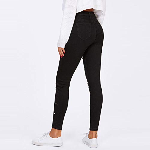 Huateng Señoras Perlas Abalorios Jeans Mujeres Mediados de Cintura Pantalones de Mezclilla Mujeres Caderas hasta Skinny Jeans Negro