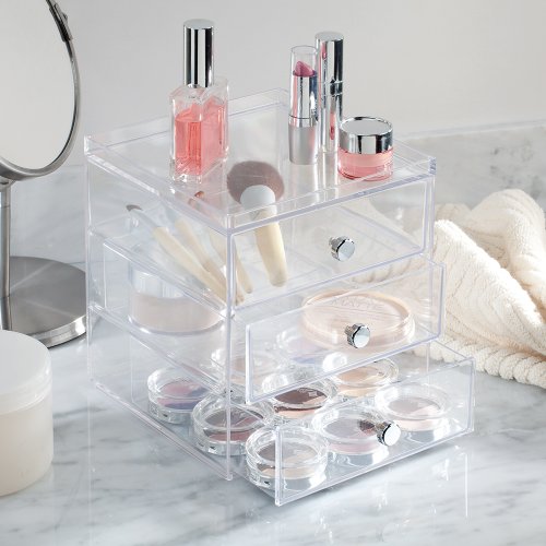 iDesign Organizador de maquillaje con 3 cajones, compacta minicómoda apilable de plástico, mini cajonera para productos de belleza y cosméticos, transparente