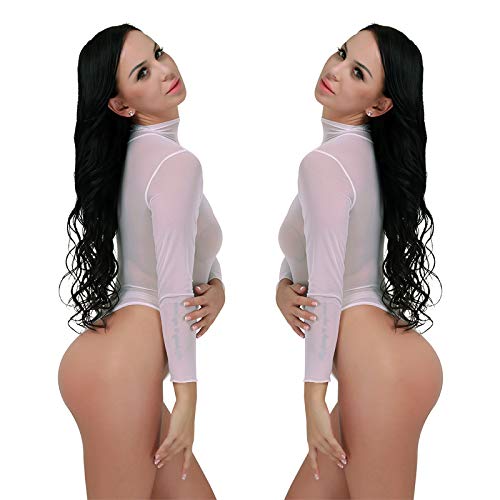 IEFIEL Lencería Sexy Mujer Conjunto Una Pieza Body Transparente Mono Manga Larga Ropa Interior Leotardo Cuello Alto Bodies Entrepierna con Corchetes Tanga Blanco S